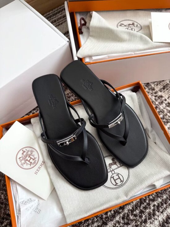 Hermes Shoes - Hermès Black Square Toe Kelly Buckle Thong Flat Sandals